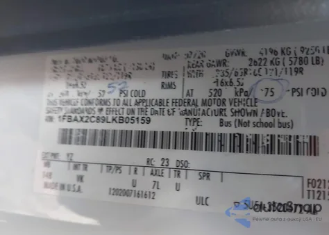 2020 Ford Transit-350 Passenger Van Xl z USA, uszkodzony, nr VIN 1FBAX2C89LKB05159